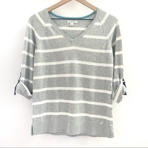 Nautica White Grey Striped V-Neck Sweater